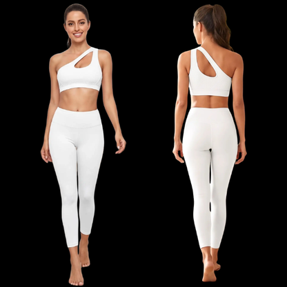 Brassière sport femme blanche coupe asymétrique – vue avant et arrière