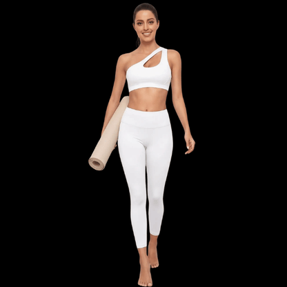 Brassière femme sport blanche asymétrique une épaule – tenue yoga complète