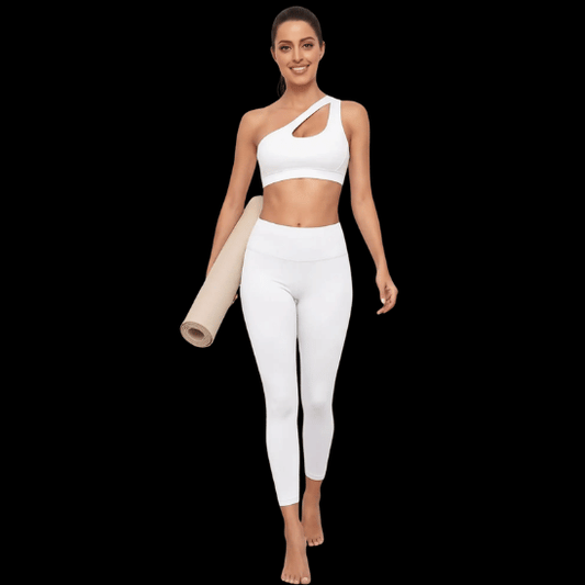 Brassière femme sport blanche asymétrique une épaule – tenue yoga complète