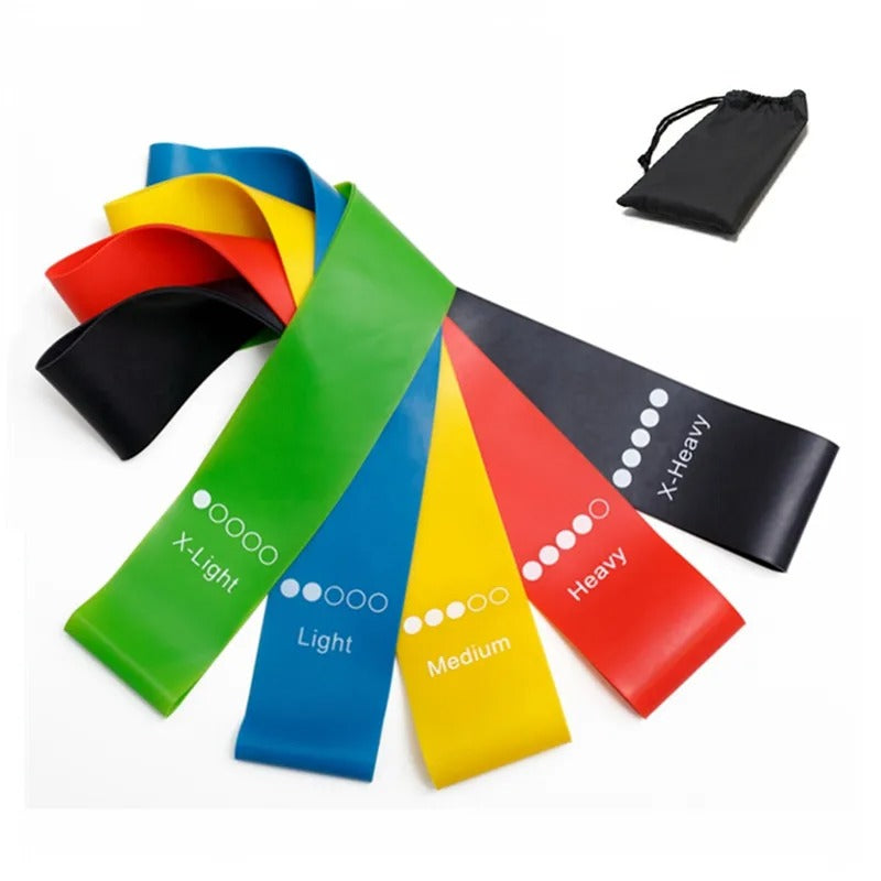 Set 5 bandes élastiques musculation – niveaux X-Light à X-Heavy avec sac de rangement