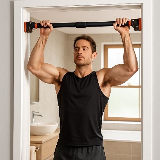 barre traction ajustable sur encadrement porte salle de bain homme fait tractions