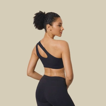 Brassière sport femme asymétrique noire - vue de dos bretelle unique