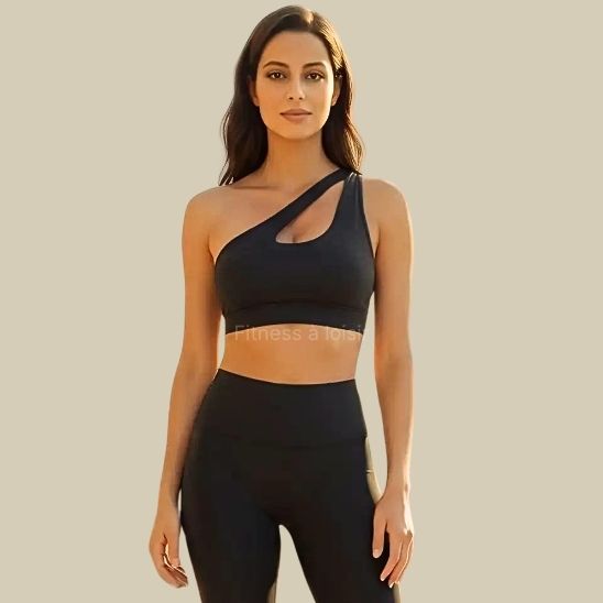 Brassière femme sport noire une épaule - vue de face coupe ajustée