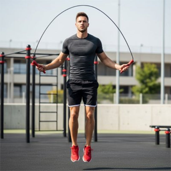 corde à sauter rouge homme sautant en extérieur parc fitness