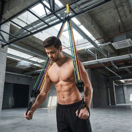Elastique musculation - Homme exercice standing presse