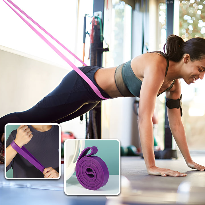 femme travaille equilibre et force avec elastique musculation