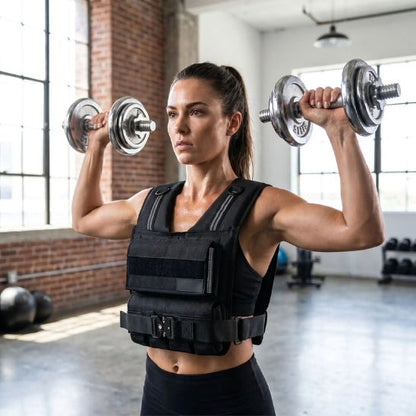 gilet lesté 15 kg femme pratiquant un entraînement musculation avec haltères