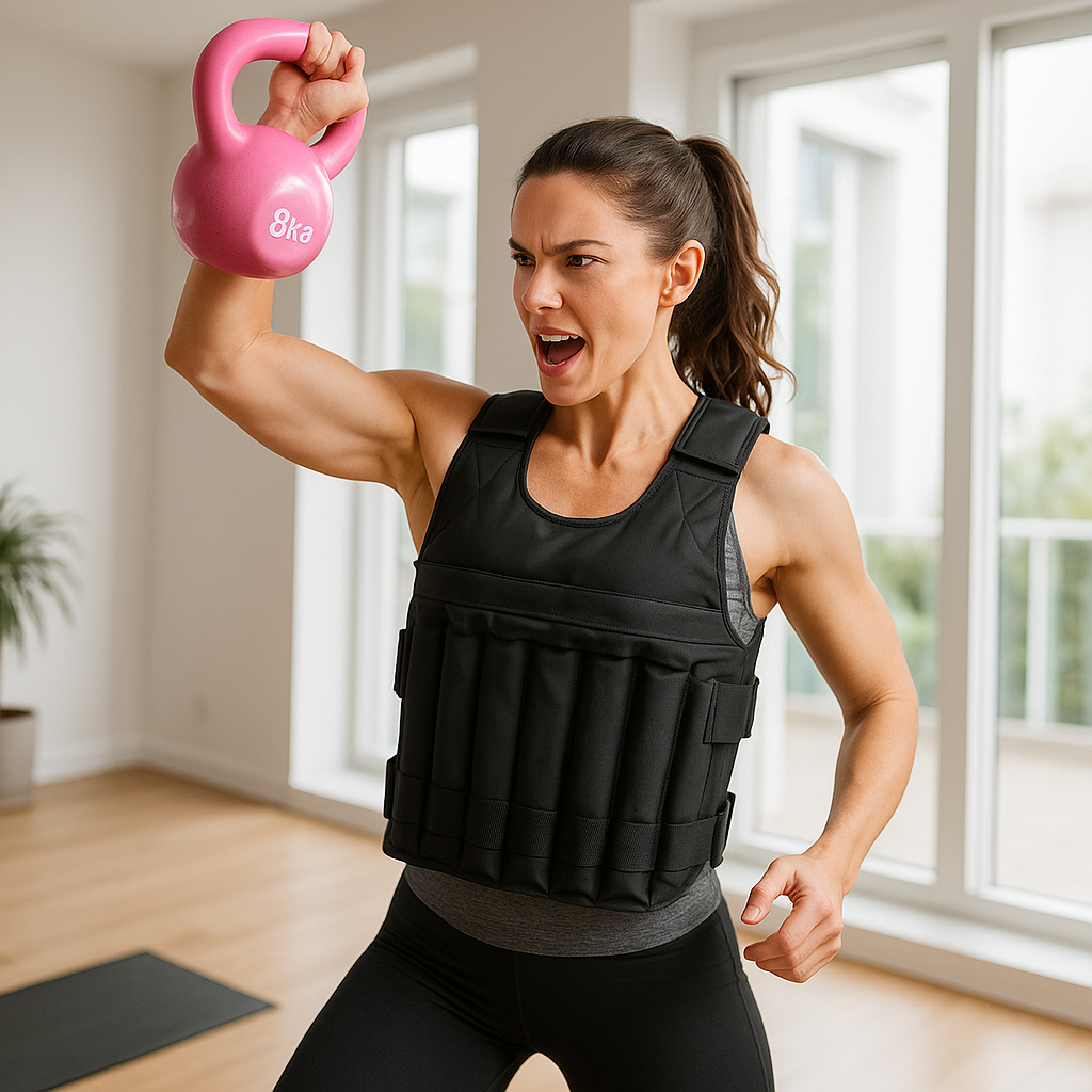 gilet lesté femme musculation biceps avec kettlebell 8 kg