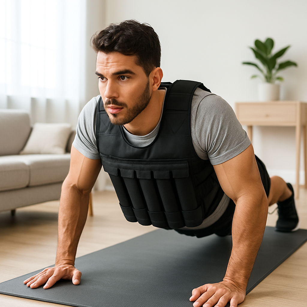 gilet lesté homme fait pompes sur tapis de sport domicile