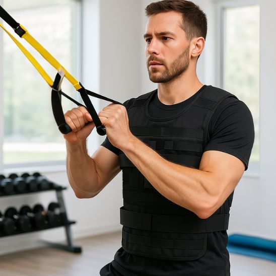 gilet lesté porté par homme pendant musculation avec sangle de suspension