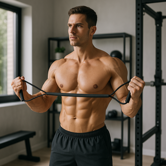 élastique sport 15 kg tiré par homme pendant exercice dorsaux 