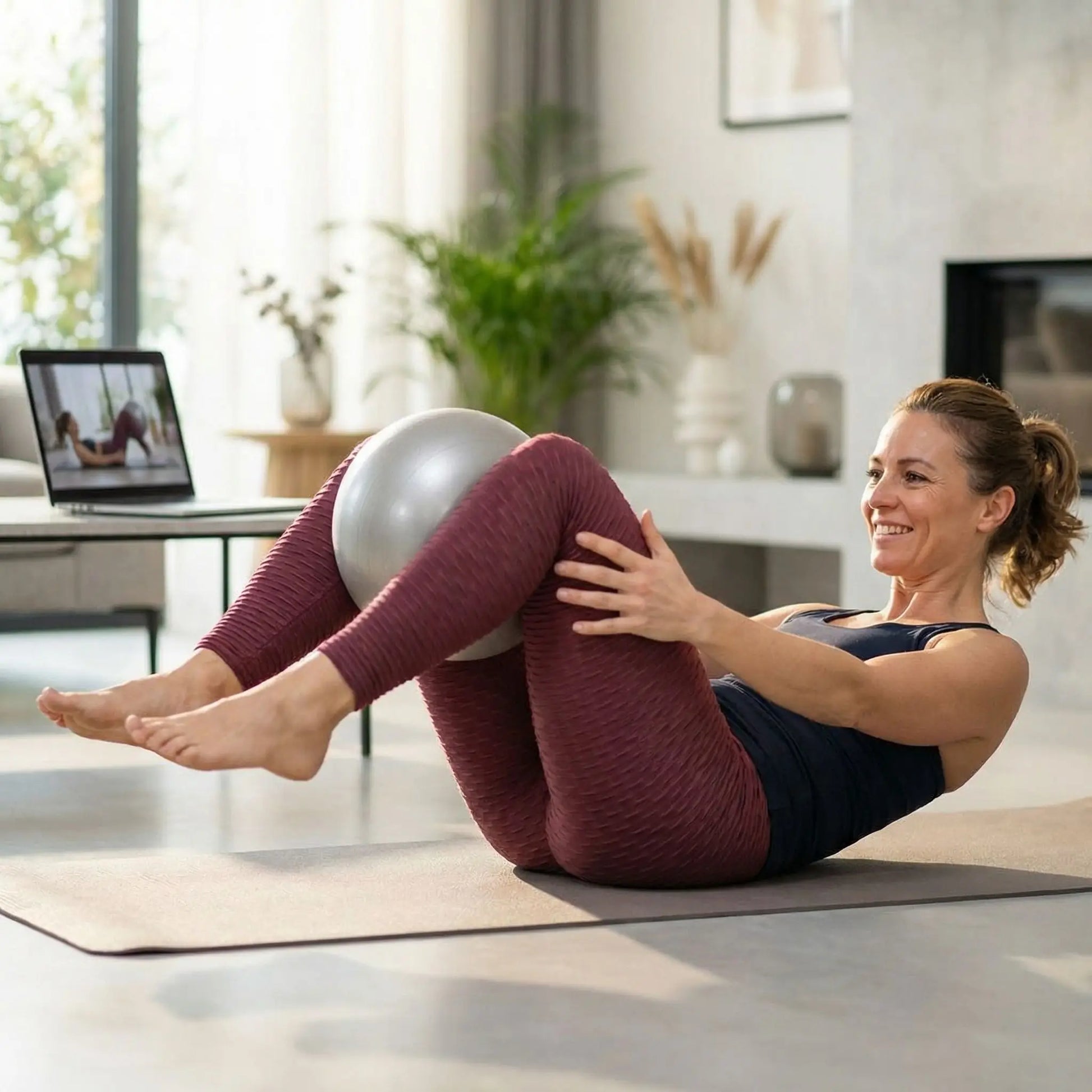 Legging anti cellulite gainant taille haute - Femme exercice avec un ballon de pilates à domicile