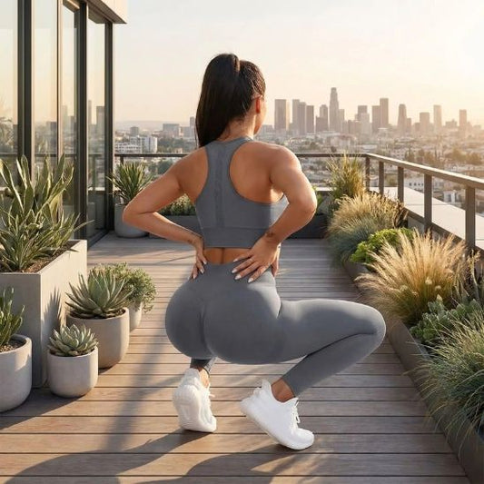 Legging sculptant taille haute gris - vue de dos en extérieur