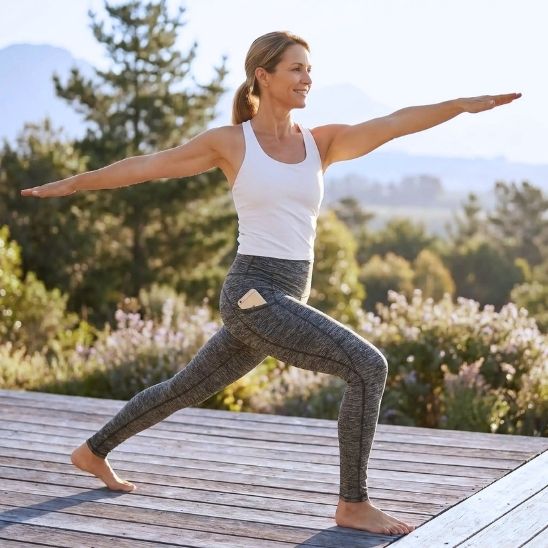 Legging sport femme respirant - posture yoga guerrier