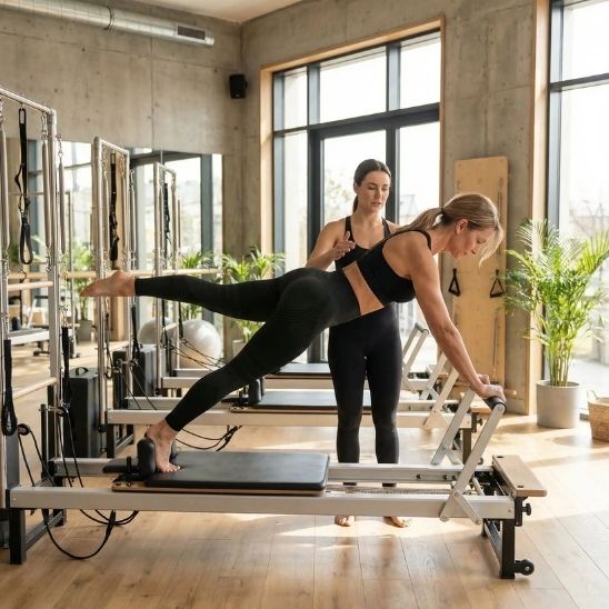 Legging sport femme sculptant taille haute -Femme en cours de pilates avec coach