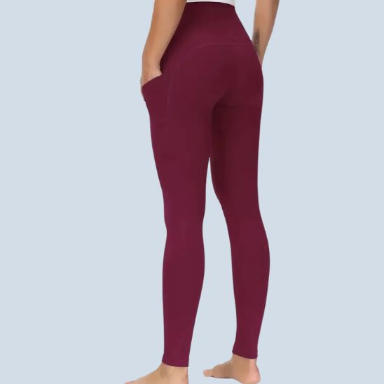 legging sport femme bordeaux taille haute gainant push up fessier extensible avec poches laterales 