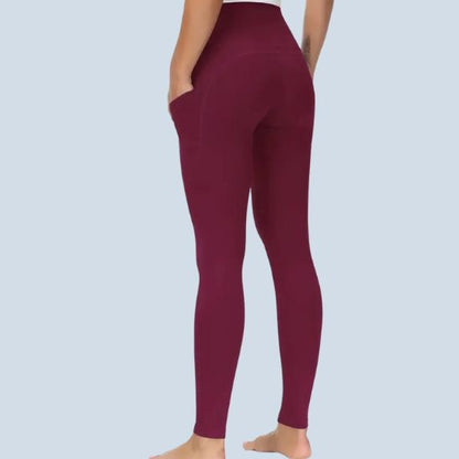 legging sport femme bordeaux taille haute gainant push up fessier extensible avec poches laterales 