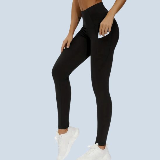 legging sport femme noir taille haute gainant push up fessier extensible avec poches laterales 
