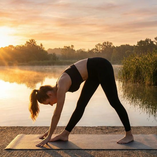 legging sport femme taille haute stretching sur tapis dans la nature