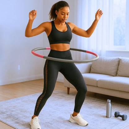 legging taille haute gainant - Femme fait tourner le hula hoop fitness autour de sa taille 