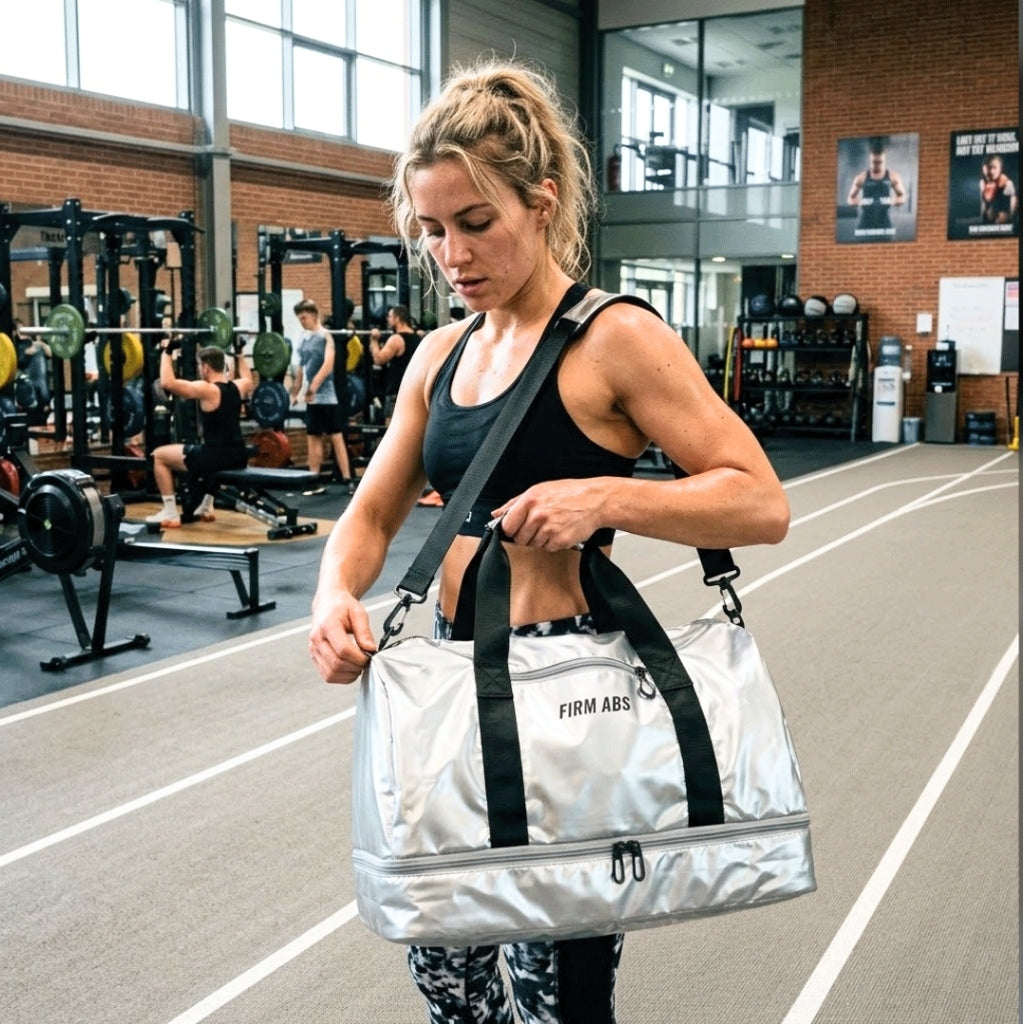Sac de sport chic gris argenté porté en bandoulière par une sportive dans une salle de sport.