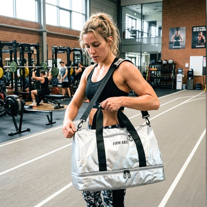 Sac de sport chic gris argenté porté en bandoulière par une sportive dans une salle de sport.