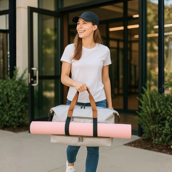 sac de sport femme beige élégant multi poches femme pratiquant yoga