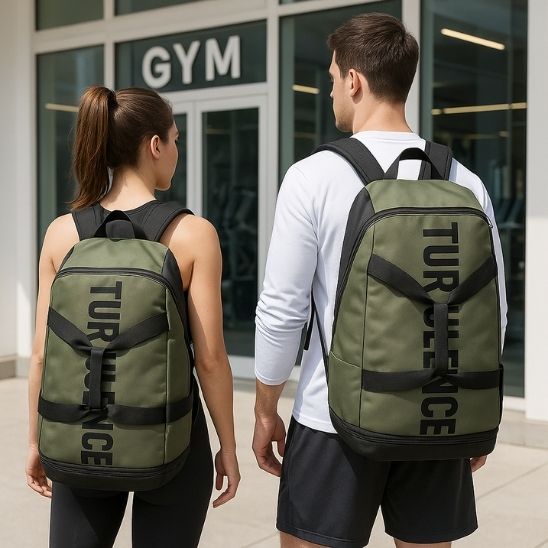 Sac de sport Grand 56-75L gris porté en sac à dos par couple de sportifs