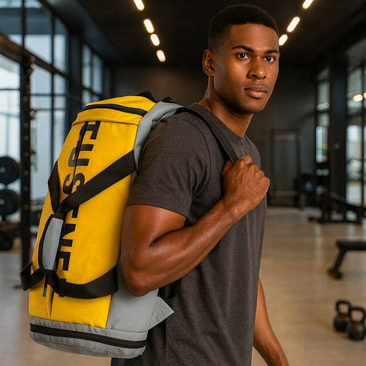 Sac de sport 35-40L jaune ultra-résistant porté en sac à dos par homme en salle de sport