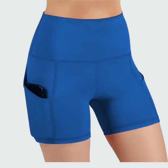 Short de sport femme bleu taille haute avec poche latérale