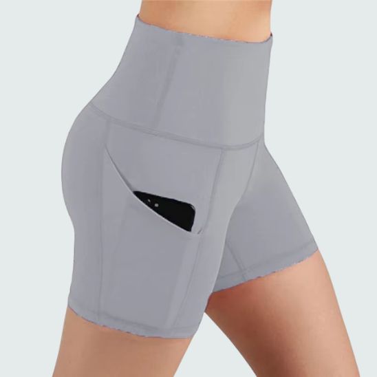 Short de sport femme gris clair – poche latérale sécurisée