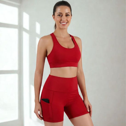 Short de sport femme rouge taille haute - vue de face