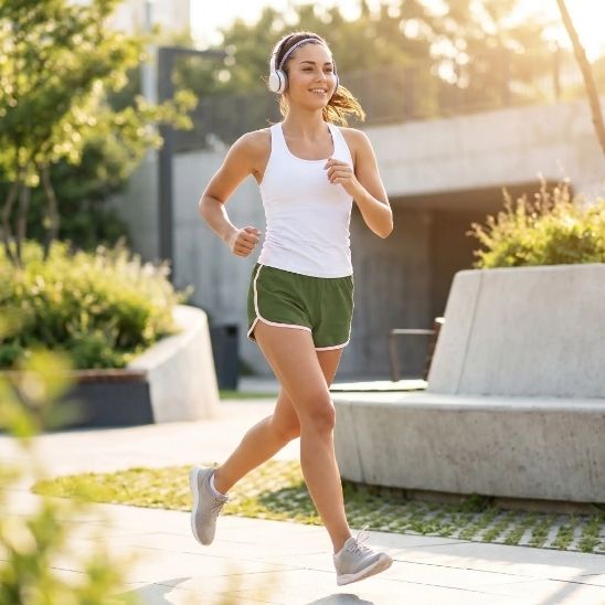 short femme sport  vert et blanc -   Femme qui court en extérieur 
