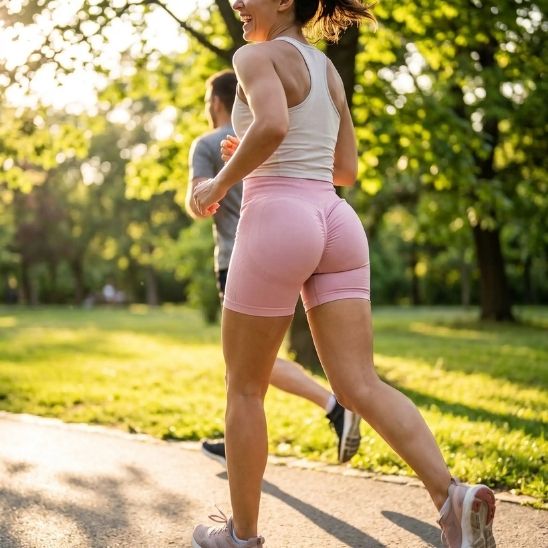 Short fitness femme rose taille haute – vue de côté en extérieur