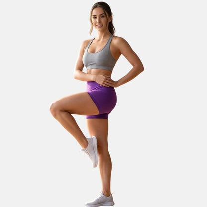 Short fitness femme violet taille haute gainante - running et entraînement extérieur