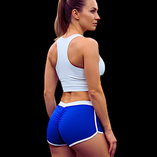 Mini short sport femme bleu - vue de profil, coupe flatteuse et liseré blanc