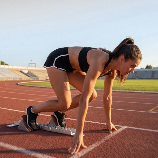 Shorts de sport femme noir -  Femme en position de départ sur une piste d'athlétisme