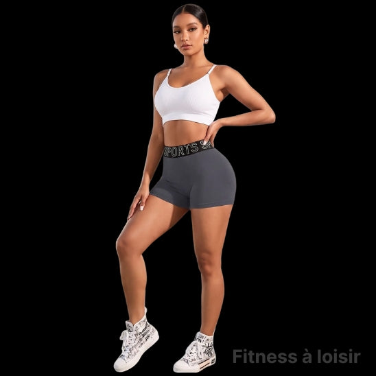 Shorty femme sport gris taille haute effet gainant - vue de face tenue fitness complète