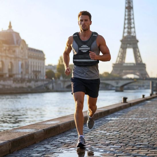 Veste lestée ajustable 1,8 à 4,5 kg - Homme course à pied le long de la seine